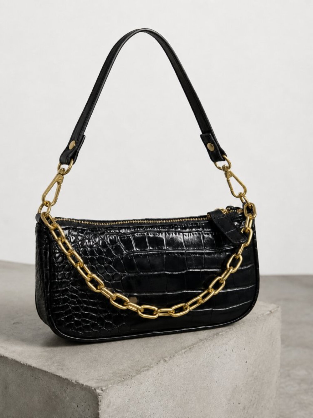 Black Patent Croc Embossed Leather Shoulder Bag Gold Chain Crossbody NWT